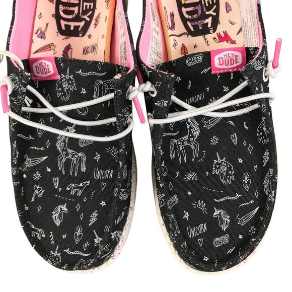 HEY DUDE Wendy Youth Girl Unicorn Black Shoes Y4 Kidcore Vacation Travel NWT - Picture 8 of 13